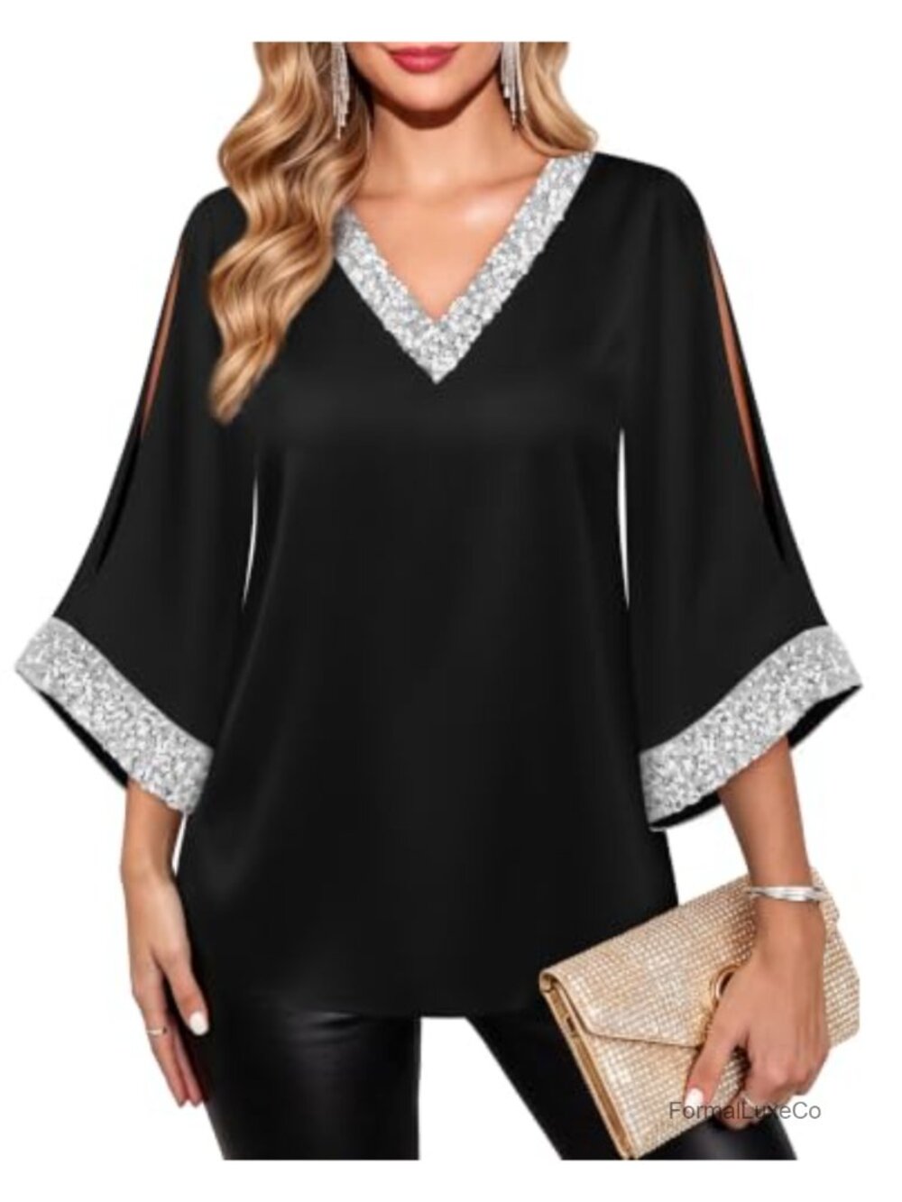 Womens Satin Blouse 3/4 Split Sleeve V Neck Sequin Tunic Dressy Top